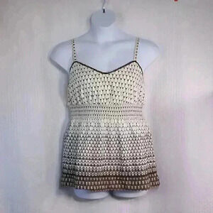 Elle Size XL 100% Cotton sweetheart neck brown/white strappy pom pom trim top